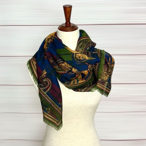 Albert Nipon Wool Square Scarf Shawl Green Blue Yellow Paisley 44x44” Vtg - Picture 5 of 11